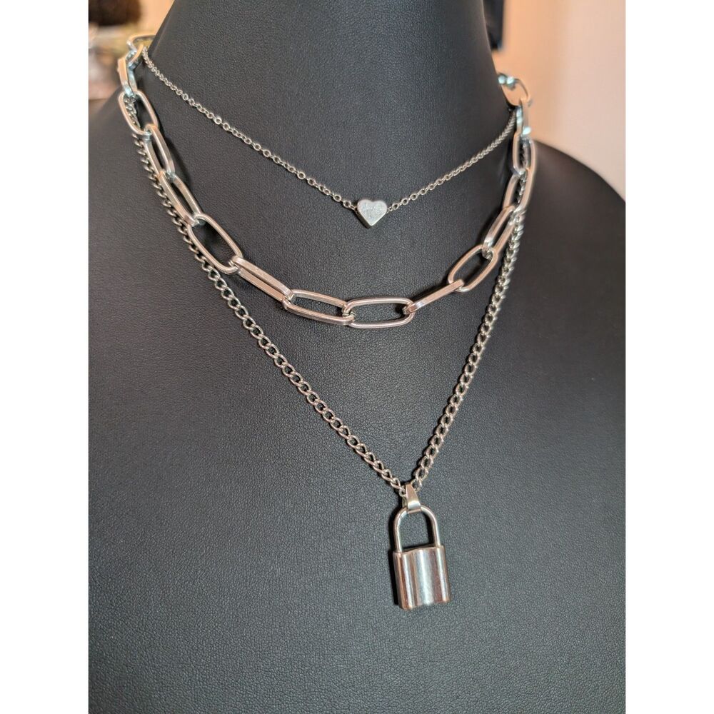 Silver Multi-Strand Layered Chain Necklace - Heart & Padlock Charms